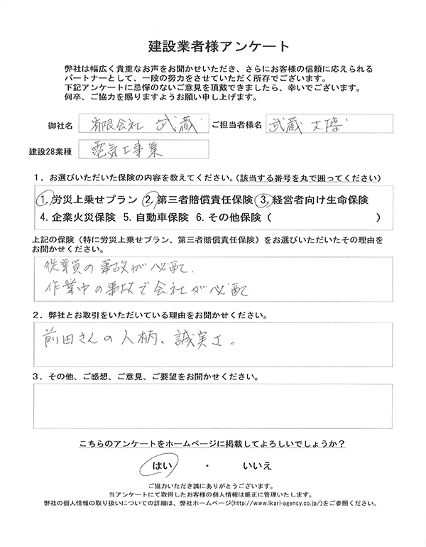 電気工事業・電気通信工事業  有限会社 武蔵　武蔵 丈博様
